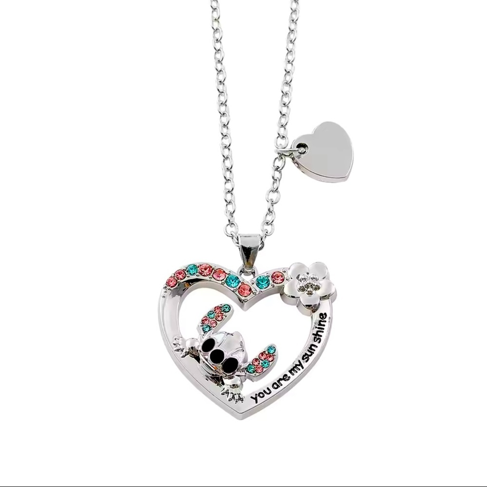 Cute Stitch “You are my sunshine” silver heart + Rhinestones Necklace, New
